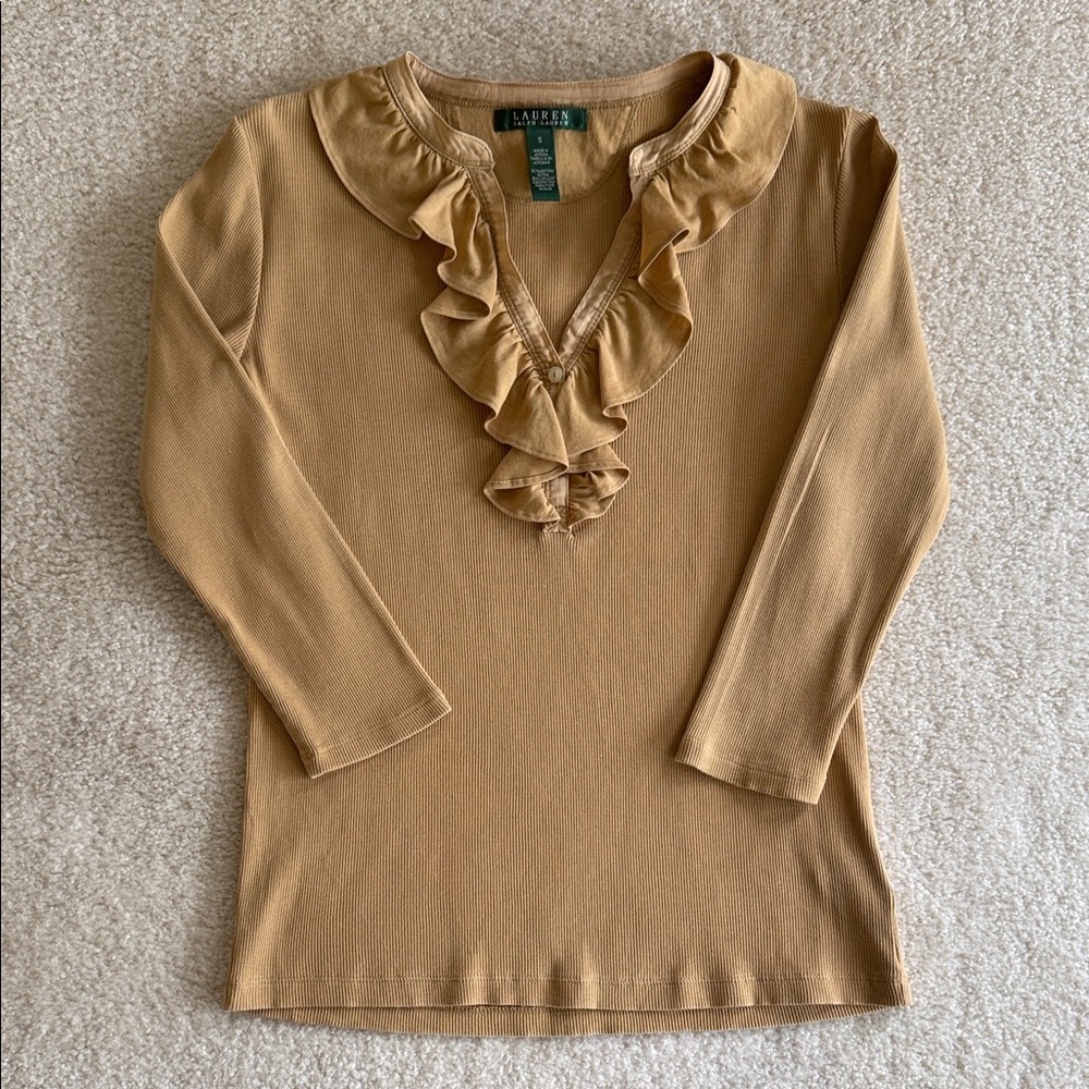 Lauren Ralph Lauren Ruffle V-Neck Long Sleeve Top in Mustard